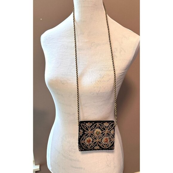 Vintage Embroidered Zardozi  Design Velvet Mini Crossbody Bag Braided‎ Strap - Picture 3 of 16